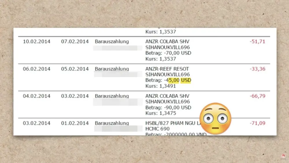 Kontoauszug, auf dem das teure Geld abheben in Kambodscha belegt wird. Eine Barauszahlung in Höhe von 45 US-Dollar ist mit einem roten Kreis markiert.
