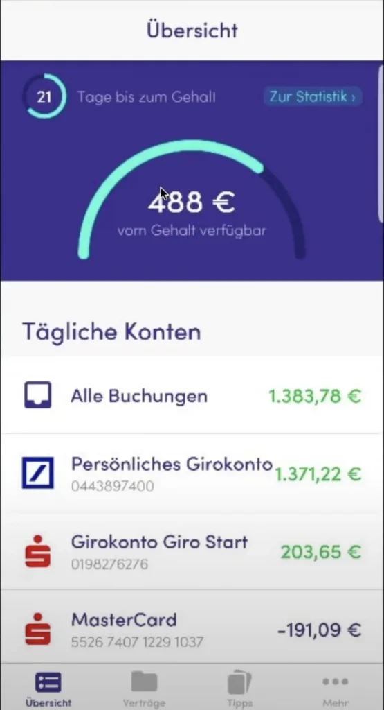 Finanzguru App Übersicht - Gehalt verfügbar