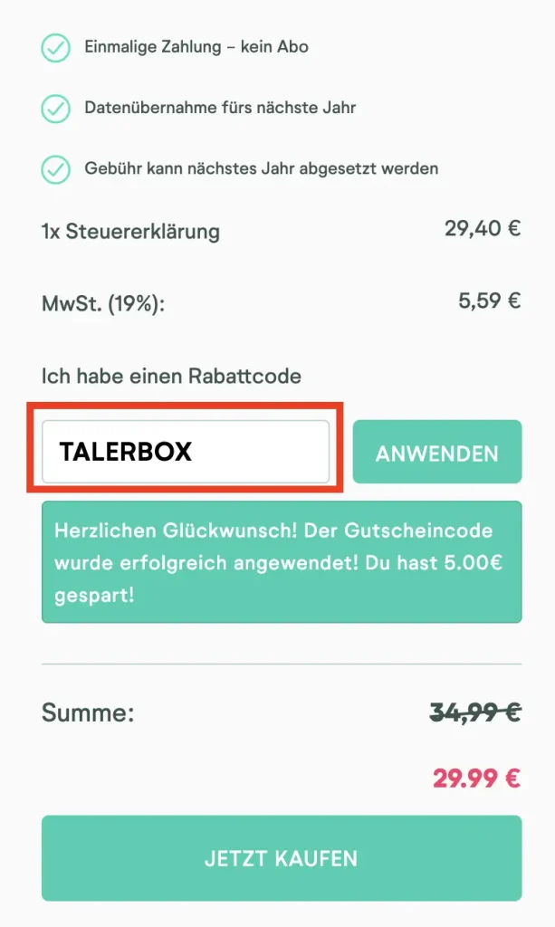 Wundertax Rabattcode Talerbox
