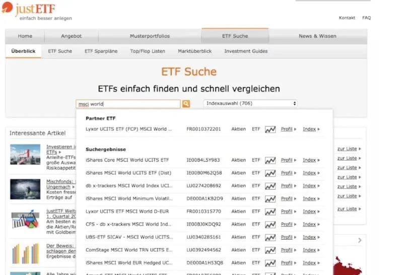 justETF Suche - Auswahl an ETFs recherchieren