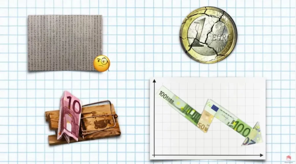 ETF Fehler - Zerbrochene Euro Münze und Geldtasche mit 10 Euro Schein und 100 Euro Schein in Pfeilform