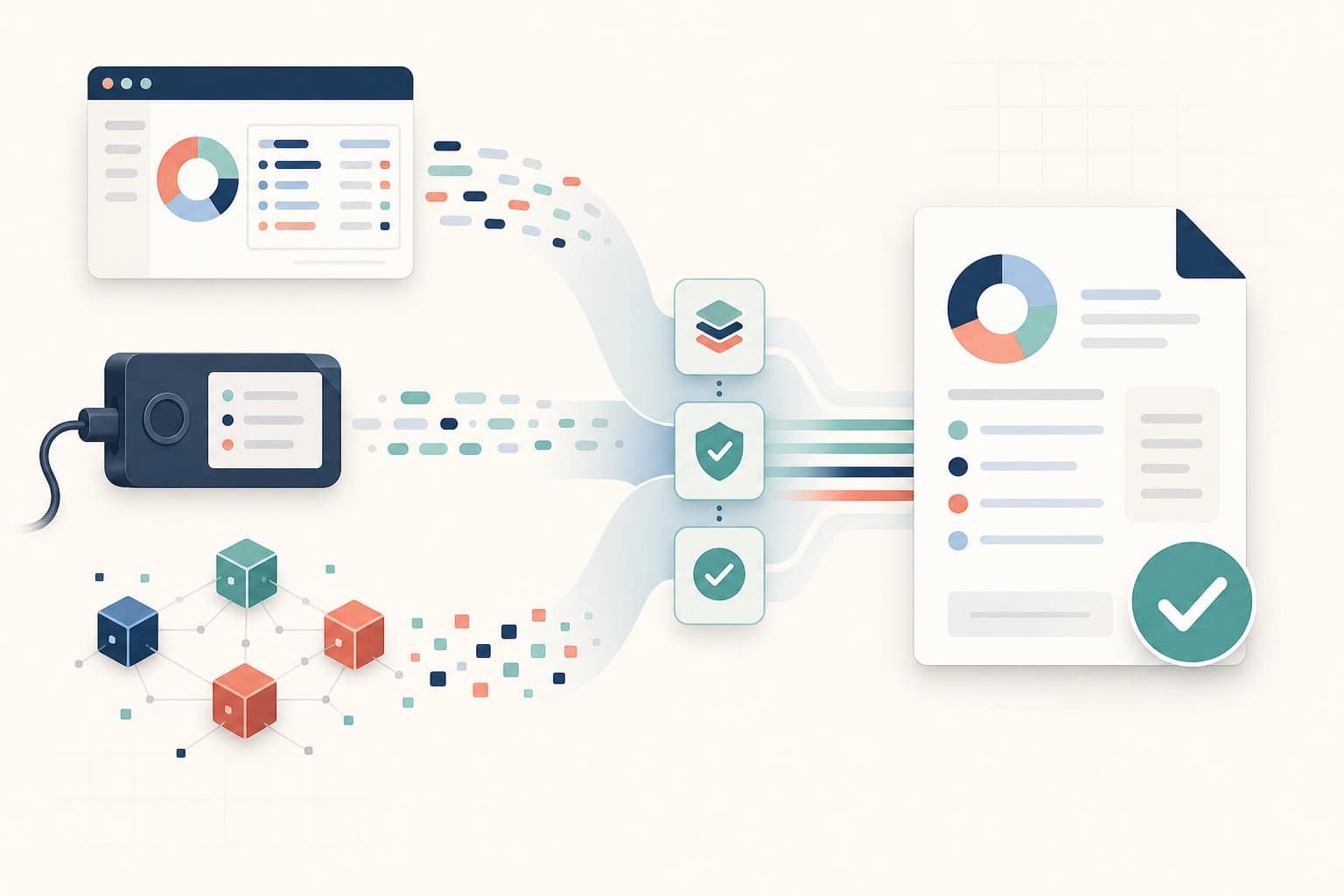 Illustration verschiedener Börsen-, Wallet- und Blockchain-Daten, die geprüft und zu einem Steuerreport zusammengeführt werden