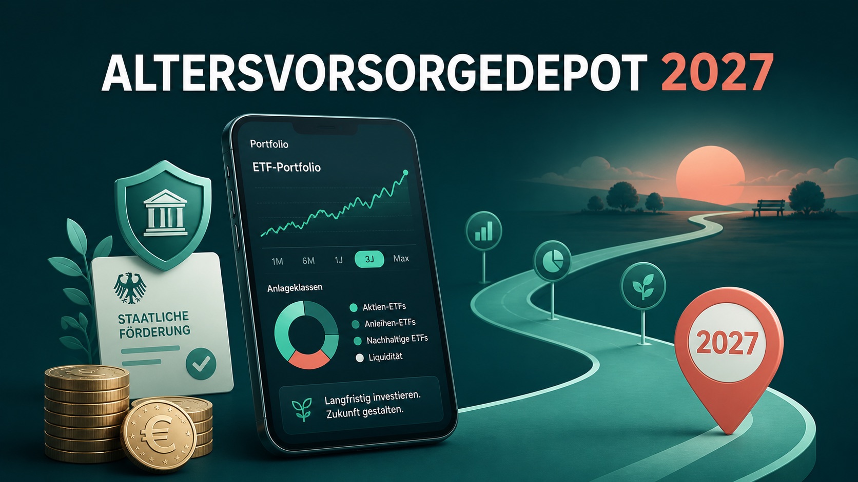 Illustration zum Scalable Capital Altersvorsorgedepot 2027 mit ETF-Portfolio, staatlicher Förderung und langfristigem Anlageweg