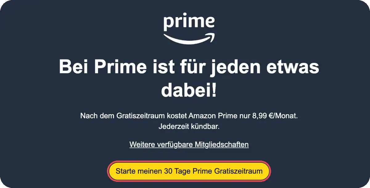 Amazon-Prime-Seite mit dem Knopf für 30 Tage Gratiszeitraum