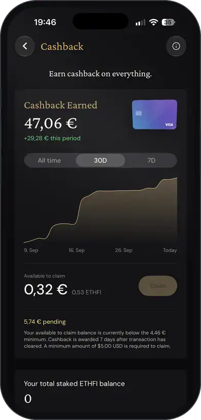 Cashback-Übersicht in der ether.fi App