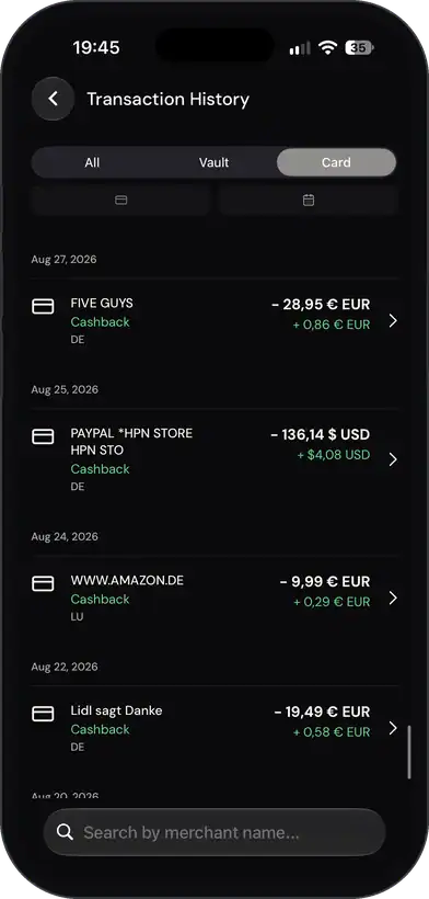 Transaktionsliste der ether.fi Cash Karte mit Cashback je Zahlung