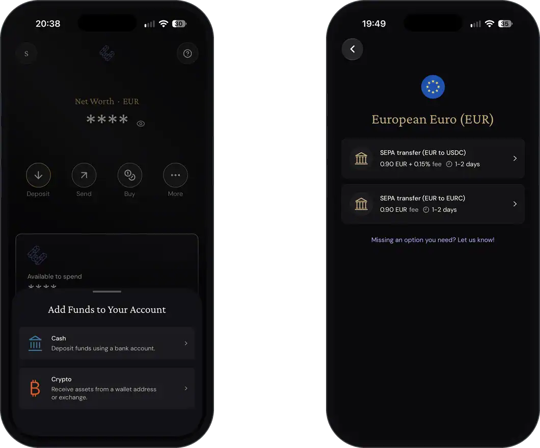 Einzahlen in der ether.fi App per Bankkonto oder Krypto, SEPA-Gebühren