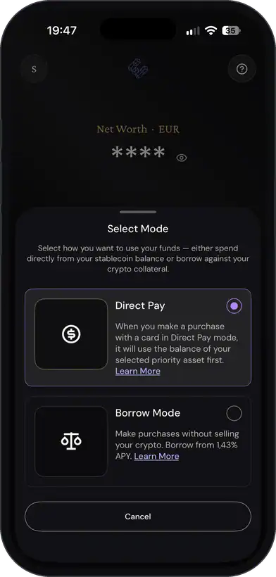 Auswahl zwischen Direct Pay und Borrow Mode in der ether.fi App