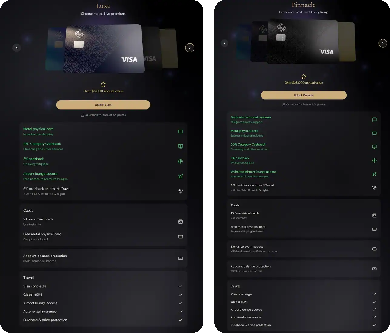 Mitgliedschaften Luxe und Pinnacle in der ether.fi App