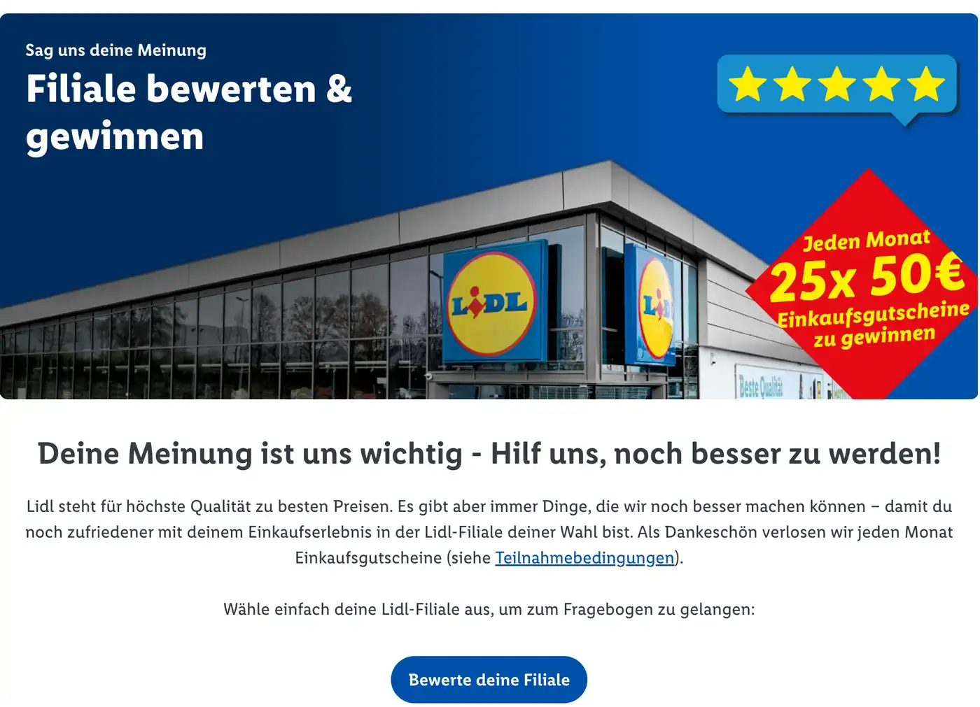 Lidl-Seite Filiale bewerten mit monatlicher Verlosung von 25 Einkaufsgutscheinen