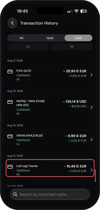 Lidl-Einkauf über 19,49 Euro mit 0,58 Euro Cashback in der ether.fi App