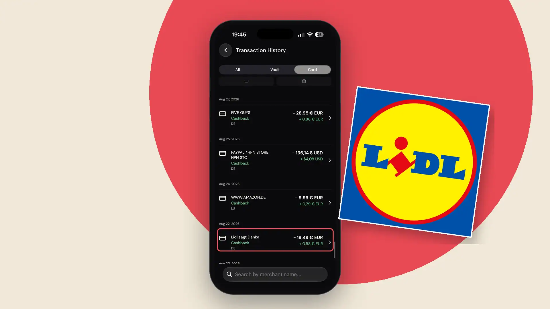 Lidl-Logo neben einem Lidl-Einkauf mit Cashback in der ether.fi App