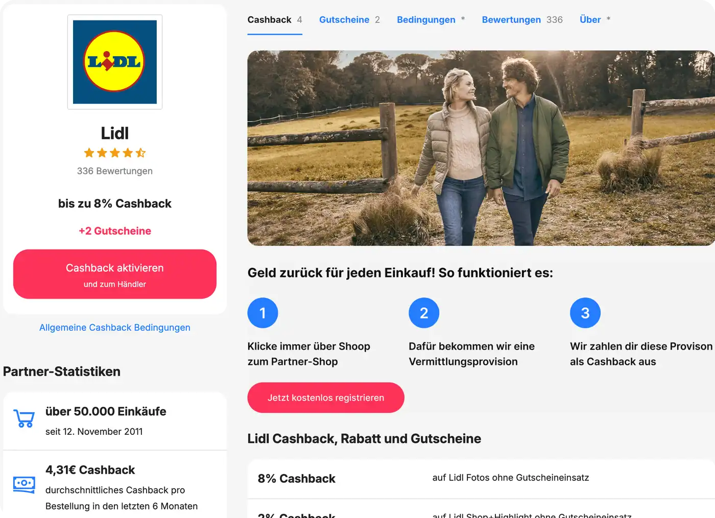 Shoop-Seite für Lidl mit 2 Prozent Cashback im Lidl Shop